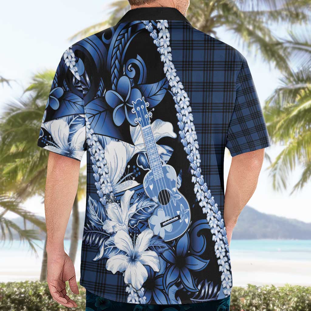 Hawaii Ukulele Hawaiian Shirt Tropical Flowers With Palaka Effect Blue Version - Polynesian Pride