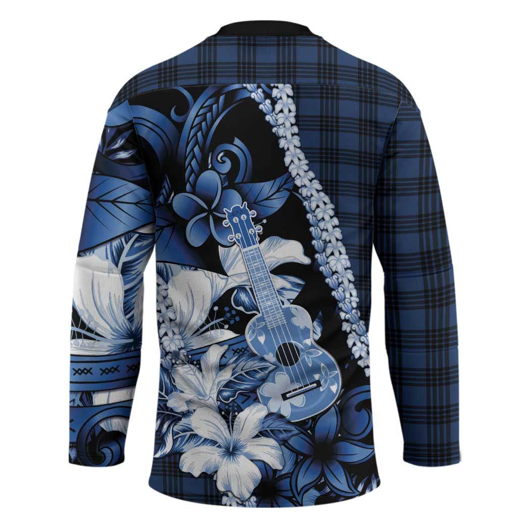 Hawaii Ukulele Hockey Jersey Tropical Flowers With Palaka Effect Blue Version - Polynesian Pride