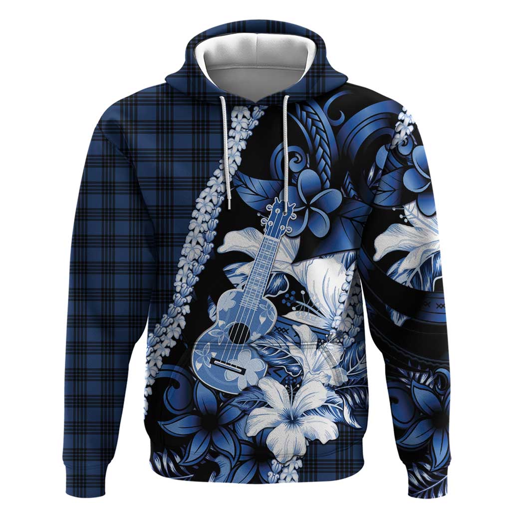 Hawaii Ukulele Hoodie Tropical Flowers With Palaka Effect Blue Version - Polynesian Pride