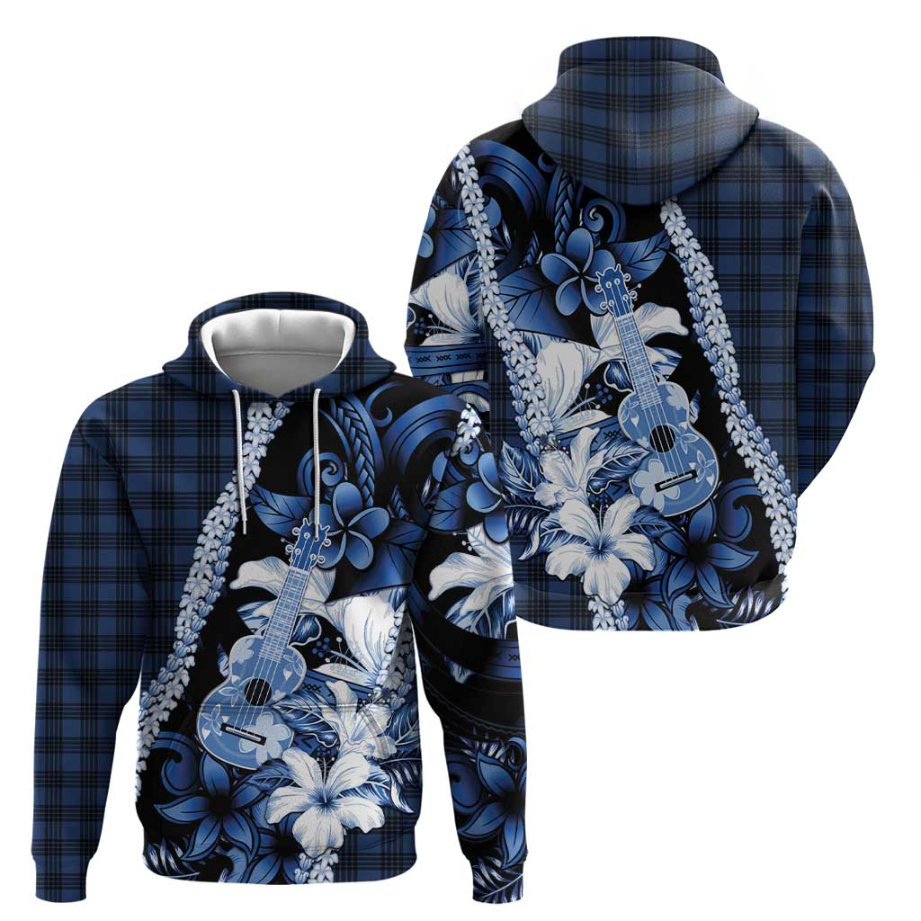 Hawaii Ukulele Hoodie Tropical Flowers With Palaka Effect Blue Version - Polynesian Pride