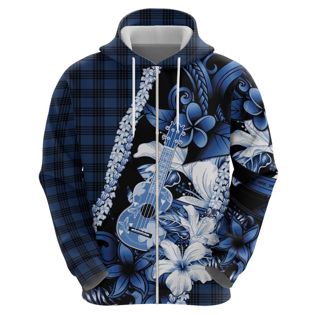 Hawaii Ukulele Hoodie Tropical Flowers With Palaka Effect Blue Version - Polynesian Pride