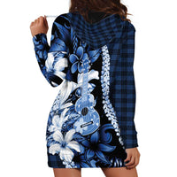 Hawaii Ukulele Hoodie Dress Tropical Flowers With Palaka Effect Blue Version - Polynesian Pride