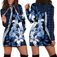 Hawaii Ukulele Hoodie Dress Tropical Flowers With Palaka Effect Blue Version - Polynesian Pride