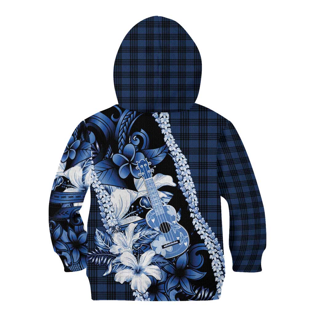 Hawaii Ukulele Kid Hoodie Tropical Flowers With Palaka Effect Blue Version - Polynesian Pride