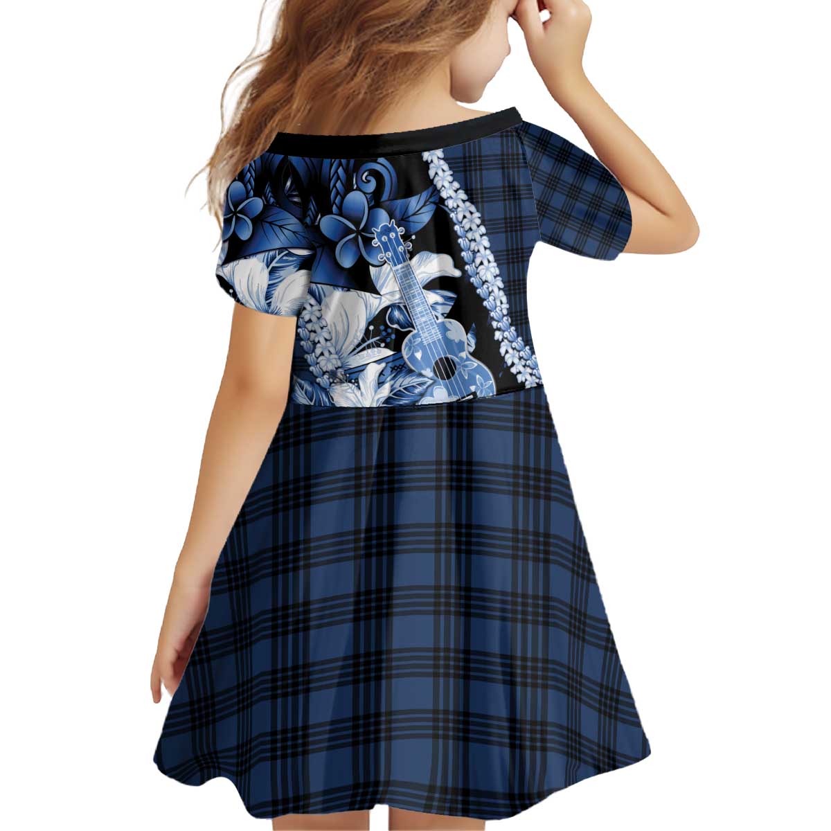 Hawaii Ukulele Kid Short Sleeve Dress Tropical Flowers With Palaka Effect Blue Version - Polynesian Pride