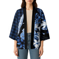Hawaii Ukulele Kimono Tropical Flowers With Palaka Effect Blue Version - Polynesian Pride