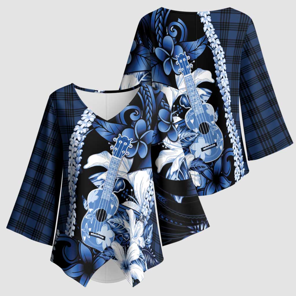Hawaii Ukulele Kimono Sleeve Blouse Tropical Flowers With Palaka Effect Blue Version - Polynesian Pride