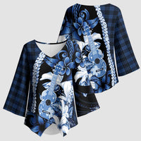 Hawaii Ukulele Kimono Sleeve Blouse Tropical Flowers With Palaka Effect Blue Version - Polynesian Pride