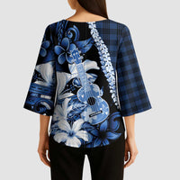 Hawaii Ukulele Kimono Sleeve Blouse Tropical Flowers With Palaka Effect Blue Version - Polynesian Pride