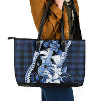 Hawaii Ukulele Leather Tote Bag Tropical Flowers With Palaka Effect Blue Version - Polynesian Pride