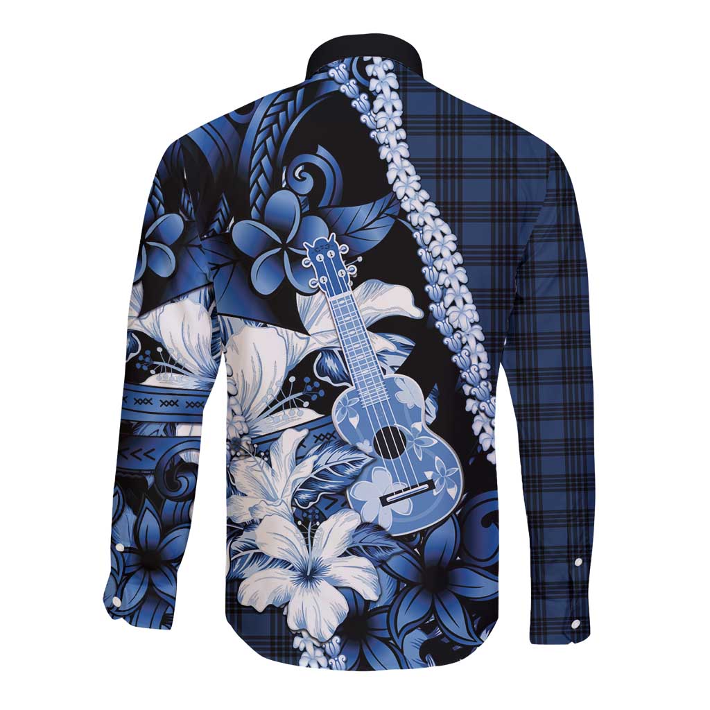 Hawaii Ukulele Long Sleeve Button Shirt Tropical Flowers With Palaka Effect Blue Version - Polynesian Pride