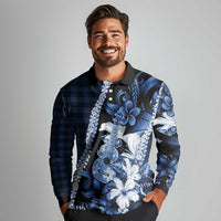Hawaii Ukulele Long Sleeve Polo Shirt Tropical Flowers With Palaka Effect Blue Version - Polynesian Pride