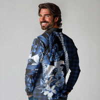 Hawaii Ukulele Long Sleeve Polo Shirt Tropical Flowers With Palaka Effect Blue Version - Polynesian Pride