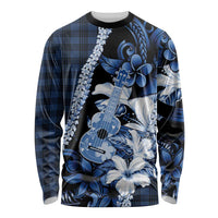 Hawaii Ukulele Long Sleeve Shirt Tropical Flowers With Palaka Effect Blue Version - Polynesian Pride