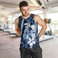 Hawaii Ukulele Men Tank Top Tropical Flowers With Palaka Effect Blue Version - Polynesian Pride