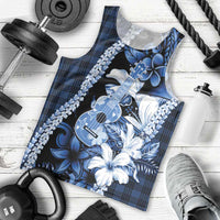 Hawaii Ukulele Men Tank Top Tropical Flowers With Palaka Effect Blue Version - Polynesian Pride