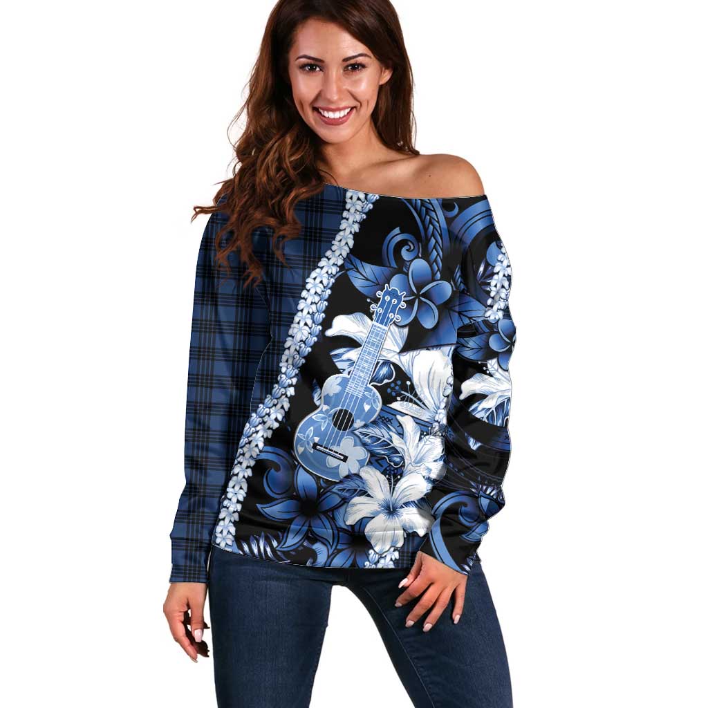 Hawaii Ukulele Off Shoulder Sweater Tropical Flowers With Palaka Effect Blue Version - Polynesian Pride