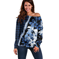 Hawaii Ukulele Off Shoulder Sweater Tropical Flowers With Palaka Effect Blue Version - Polynesian Pride