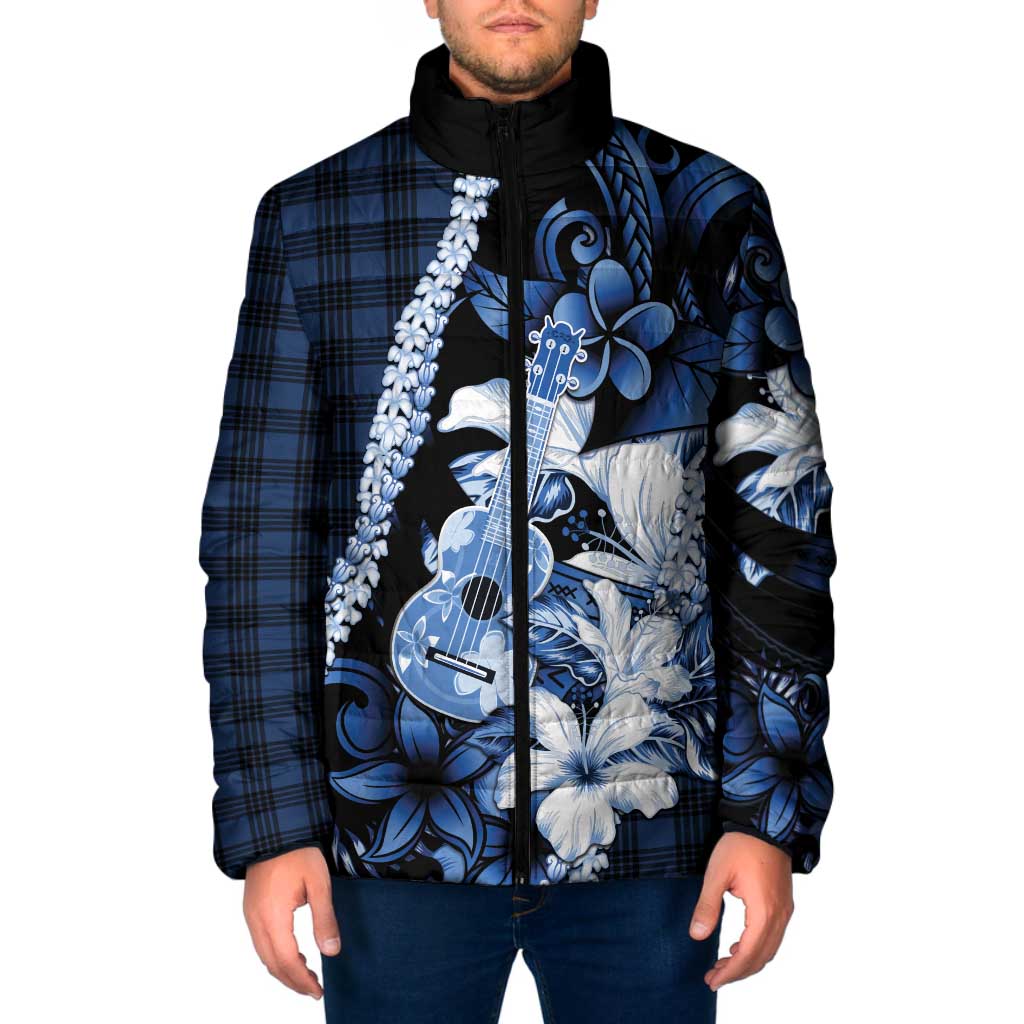 Hawaii Ukulele Padded Jacket Tropical Flowers With Palaka Effect Blue Version - Polynesian Pride