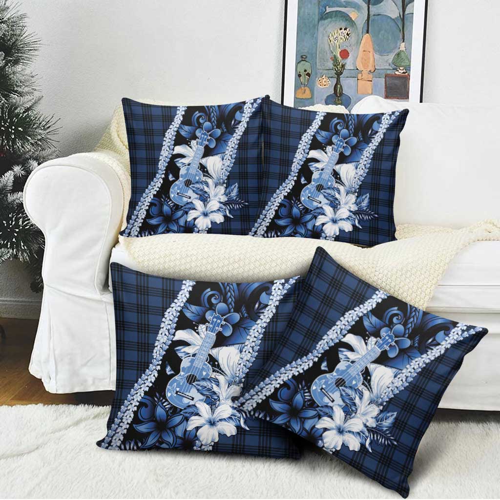 Hawaii Ukulele Pillow Cover Tropical Flowers With Palaka Effect Blue Version - Polynesian Pride
