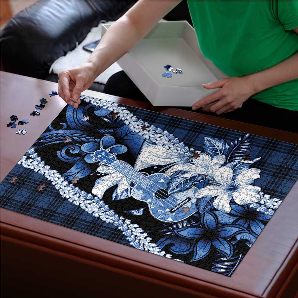 Hawaii Ukulele Puzzle Tropical Flowers With Palaka Effect Blue Version - Polynesian Pride