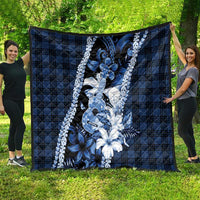 Hawaii Ukulele Quilt Tropical Flowers With Palaka Effect Blue Version - Polynesian Pride