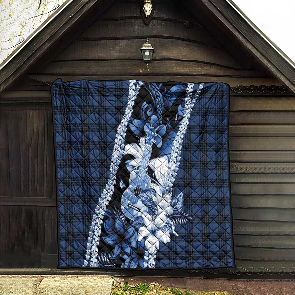Hawaii Ukulele Quilt Tropical Flowers With Palaka Effect Blue Version - Polynesian Pride