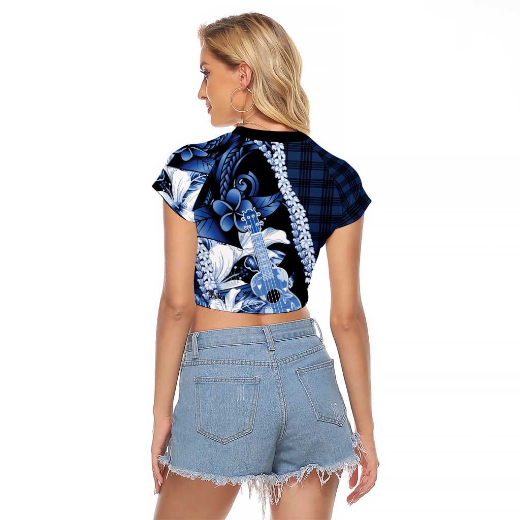 Hawaii Ukulele Raglan Cropped T Shirt Tropical Flowers With Palaka Effect Blue Version - Polynesian Pride