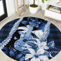 Hawaii Ukulele Round Carpet Tropical Flowers With Palaka Effect Blue Version - Polynesian Pride