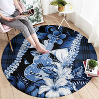 Hawaii Ukulele Round Carpet Tropical Flowers With Palaka Effect Blue Version - Polynesian Pride