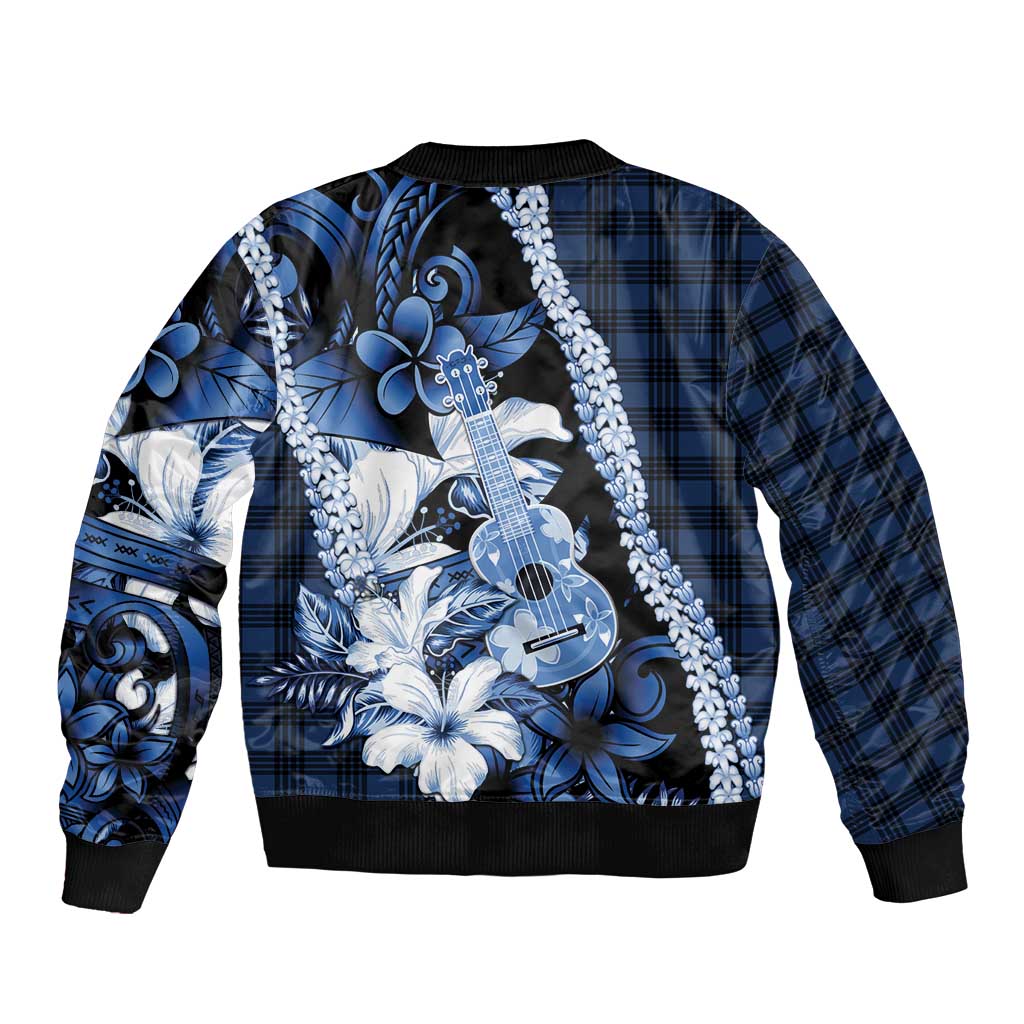 Hawaii Ukulele Sleeve Zip Bomber Jacket Tropical Flowers With Palaka Effect Blue Version - Polynesian Pride