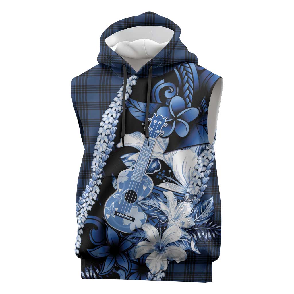 Hawaii Ukulele Sleeveless Hoodie Tropical Flowers With Palaka Effect Blue Version - Polynesian Pride