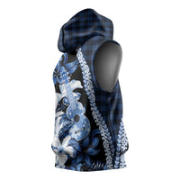 Hawaii Ukulele Sleeveless Hoodie Tropical Flowers With Palaka Effect Blue Version - Polynesian Pride