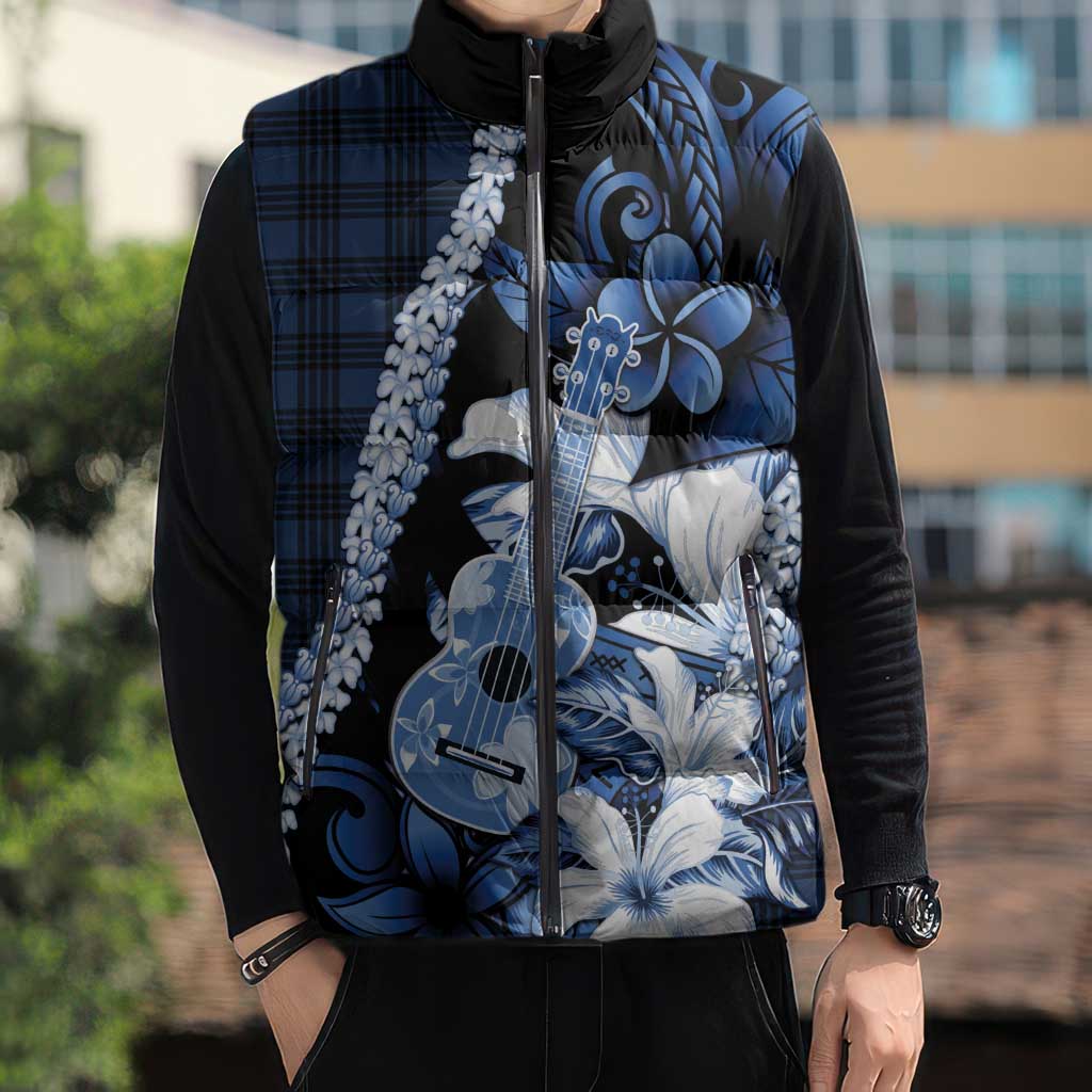 Hawaii Ukulele Sleeveless Puffer Jacket Tropical Flowers With Palaka Effect Blue Version - Polynesian Pride
