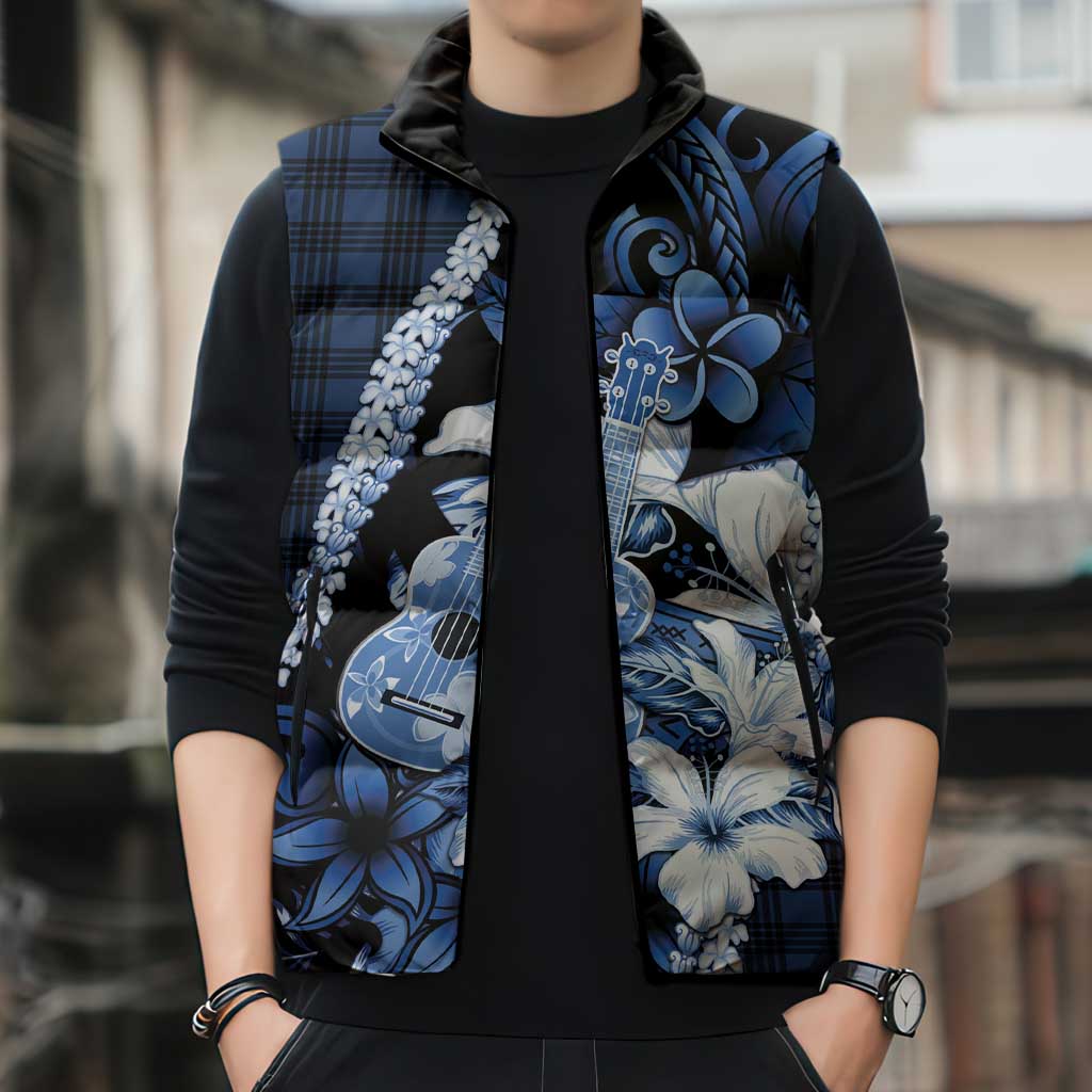 Hawaii Ukulele Sleeveless Puffer Jacket Tropical Flowers With Palaka Effect Blue Version - Polynesian Pride