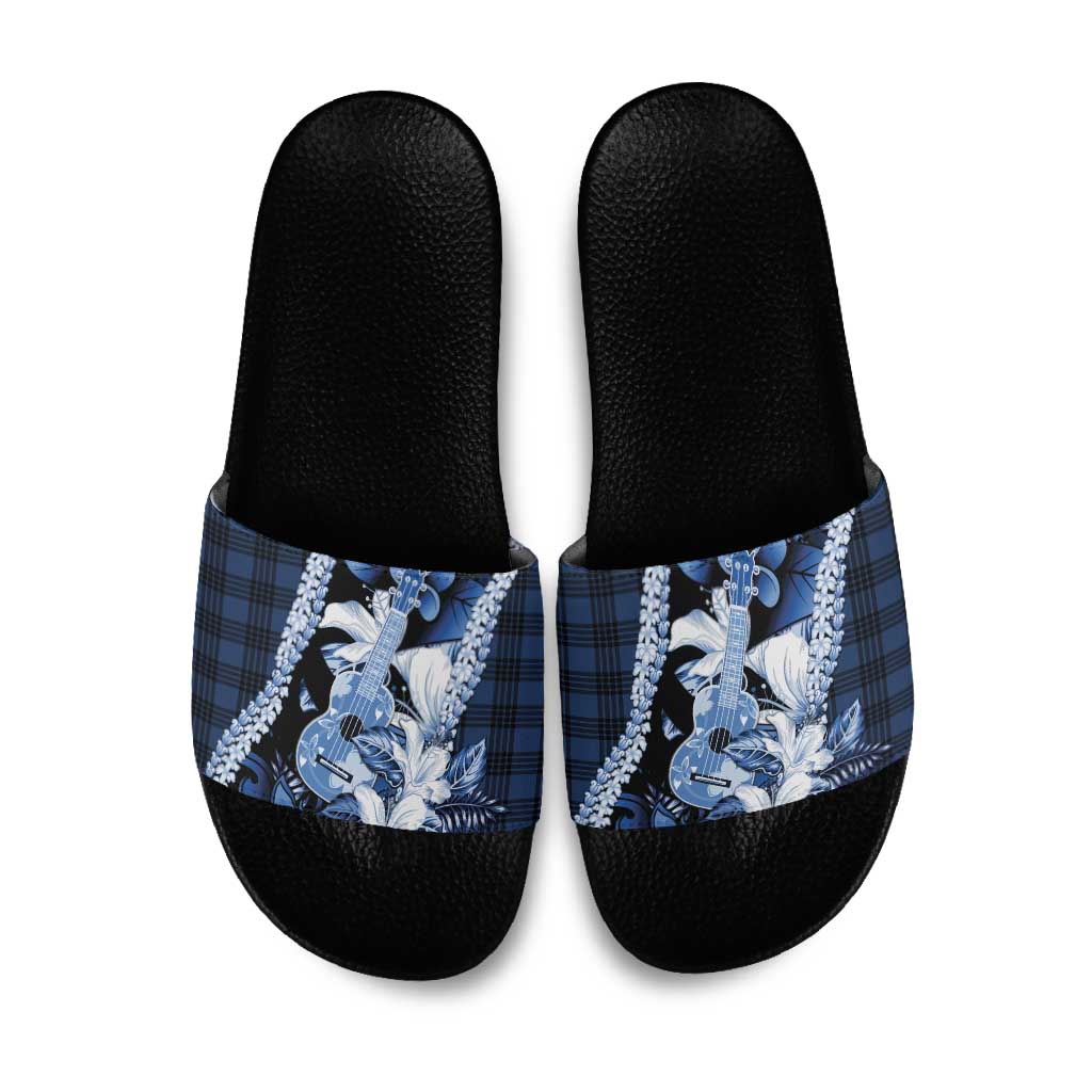 Hawaii Ukulele Slide Sandals Tropical Flowers With Palaka Effect Blue Version - Polynesian Pride