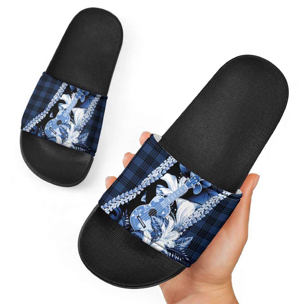 Hawaii Ukulele Slide Sandals Tropical Flowers With Palaka Effect Blue Version - Polynesian Pride