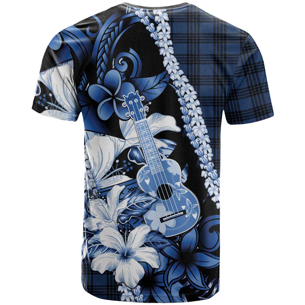 Hawaii Ukulele T Shirt Tropical Flowers With Palaka Effect Blue Version - Polynesian Pride