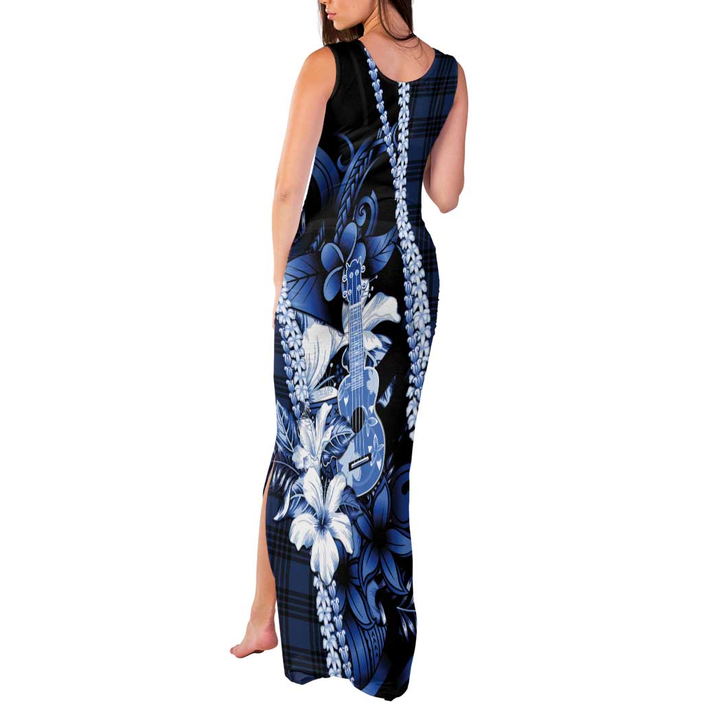 Hawaii Ukulele Tank Maxi Dress Tropical Flowers With Palaka Effect Blue Version - Polynesian Pride