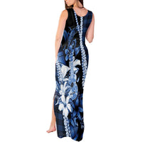 Hawaii Ukulele Tank Maxi Dress Tropical Flowers With Palaka Effect Blue Version - Polynesian Pride