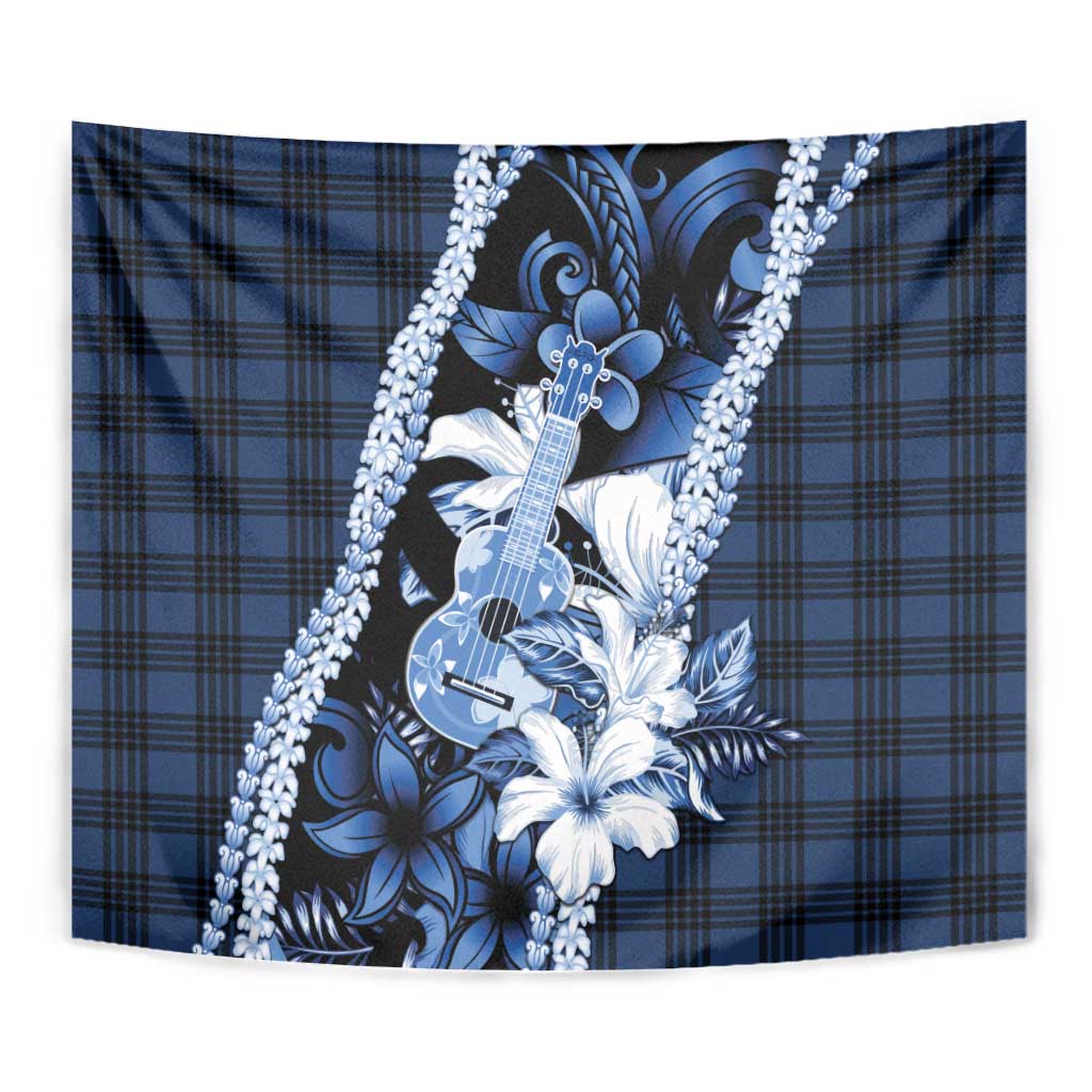 Hawaii Ukulele Tapestry Tropical Flowers With Palaka Effect Blue Version - Polynesian Pride