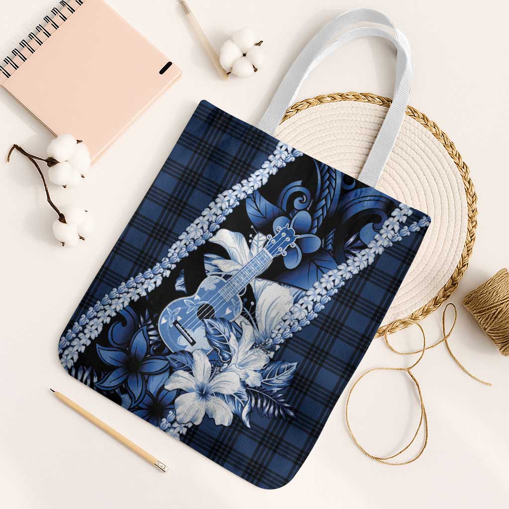 Hawaii Ukulele Tote Bag Tropical Flowers With Palaka Effect Blue Version - Polynesian Pride