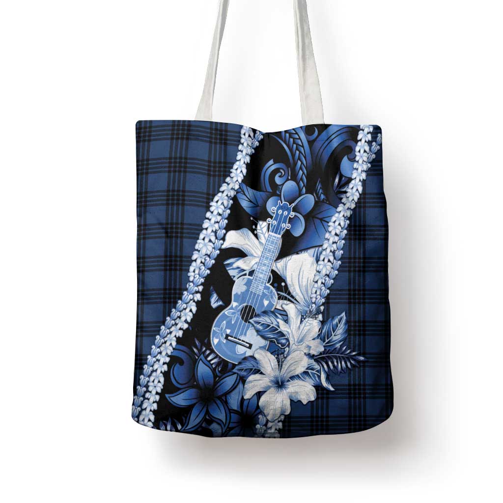 Hawaii Ukulele Tote Bag Tropical Flowers With Palaka Effect Blue Version - Polynesian Pride