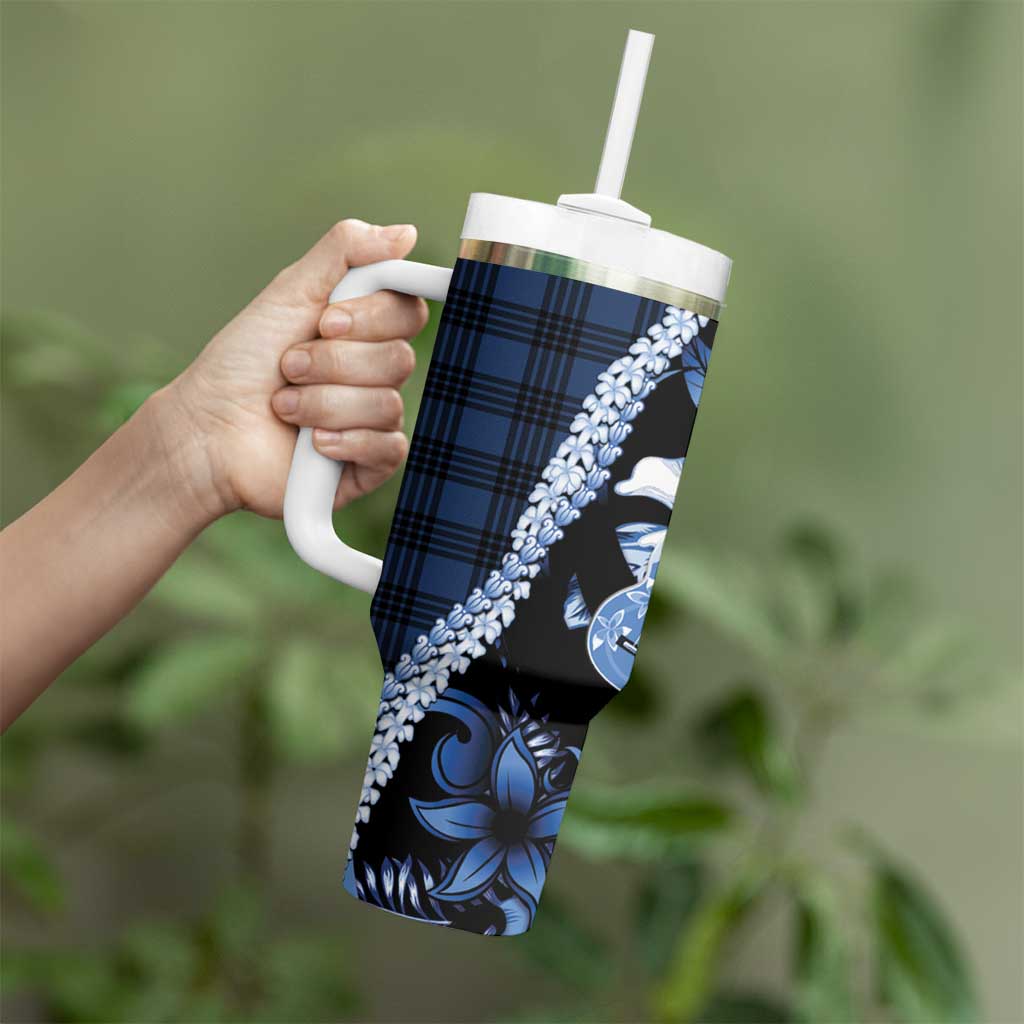 Hawaii Ukulele Tumbler With Handle Tropical Flowers With Palaka Effect Blue Version - Polynesian Pride