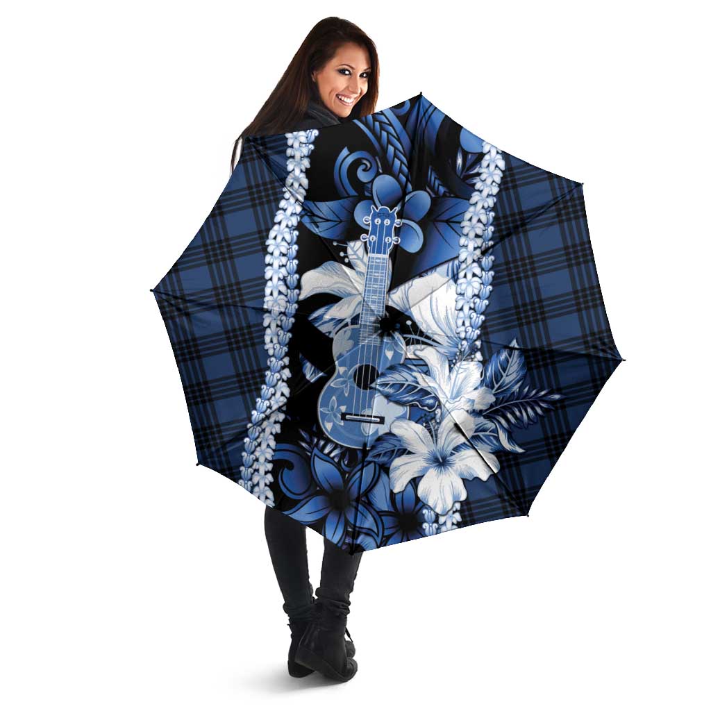 Hawaii Ukulele Umbrella Tropical Flowers With Palaka Effect Blue Version - Polynesian Pride