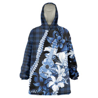 Hawaii Ukulele Wearable Blanket Hoodie Tropical Flowers With Palaka Effect Blue Version - Polynesian Pride