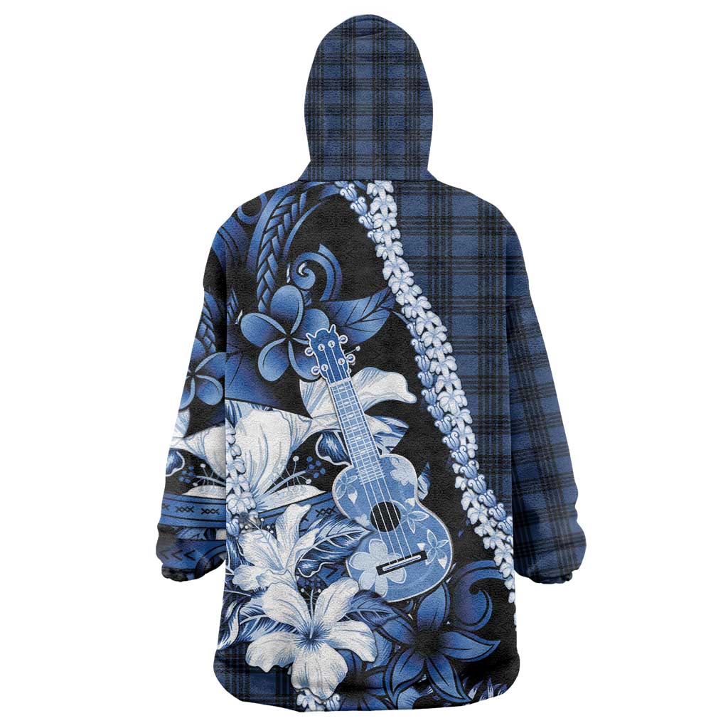 Hawaii Ukulele Wearable Blanket Hoodie Tropical Flowers With Palaka Effect Blue Version - Polynesian Pride