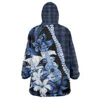 Hawaii Ukulele Wearable Blanket Hoodie Tropical Flowers With Palaka Effect Blue Version - Polynesian Pride