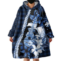 Hawaii Ukulele Wearable Blanket Hoodie Tropical Flowers With Palaka Effect Blue Version - Polynesian Pride