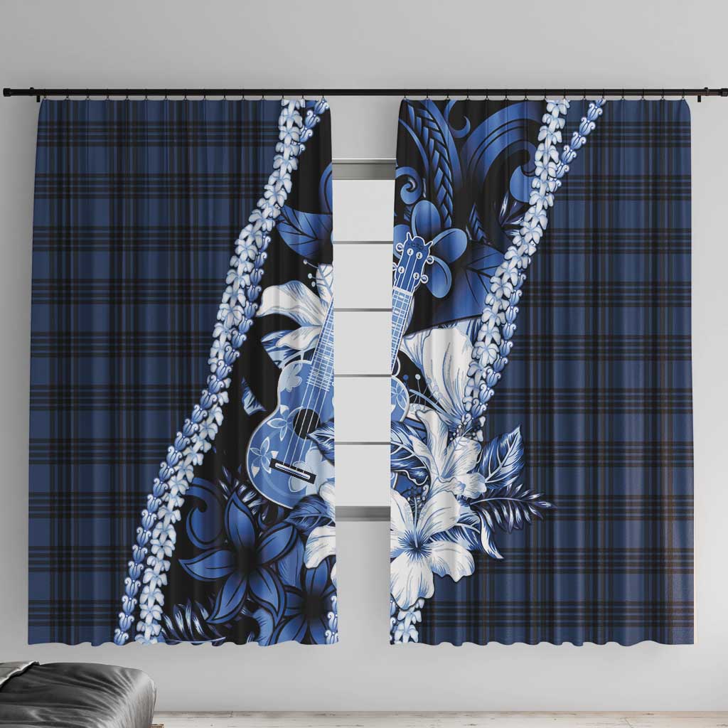 Hawaii Ukulele Window Curtain Tropical Flowers With Palaka Effect Blue Version - Polynesian Pride